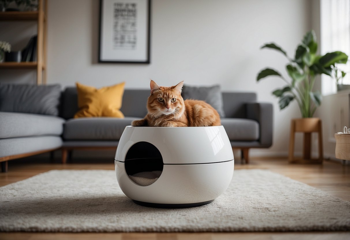 A stylish living room with a sleek, modern piece of litter box furniture blending seamlessly with the decor. A happy cat lounges nearby