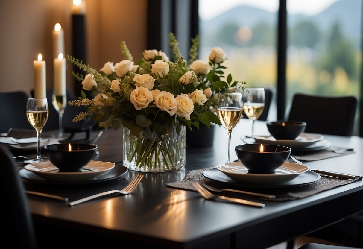 A sleek black dining table and chairs are set against a backdrop of warm, dim lighting, creating a cozy and sophisticated atmosphere. A vase of fresh flowers and elegant tableware add a touch of refinement to the space