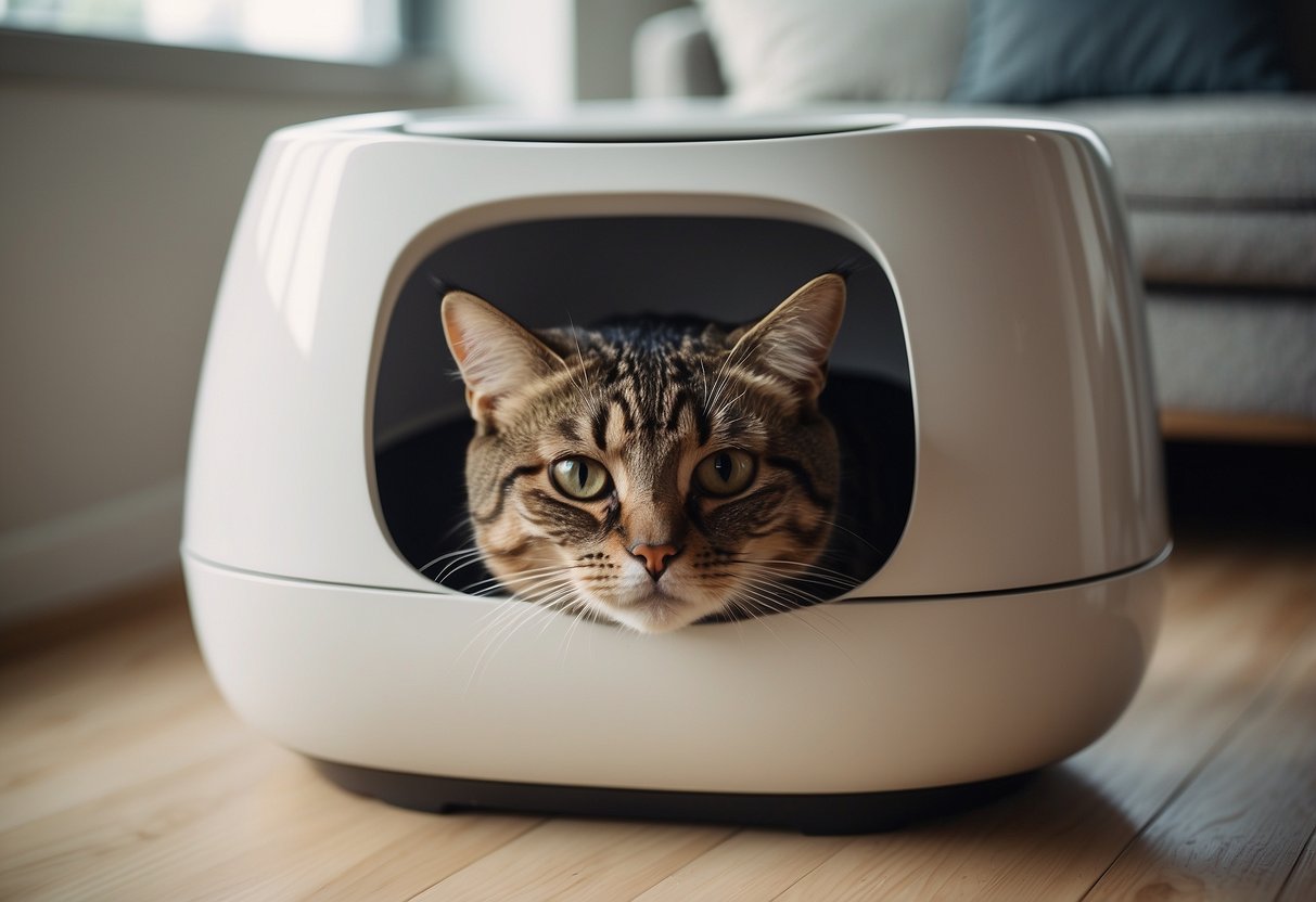 A sleek, modern litter box furniture piece sits in a clean, well-lit room. A cat confidently enters the opening, creating a sense of privacy and comfort