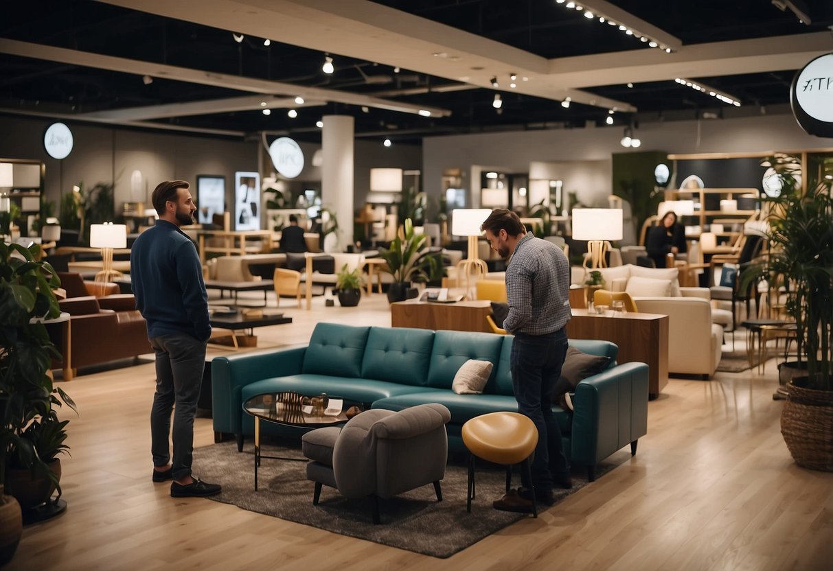 A bustling furniture showroom with customers browsing, sales staff assisting, and signs promoting "Frequently Asked Questions" for the best sales