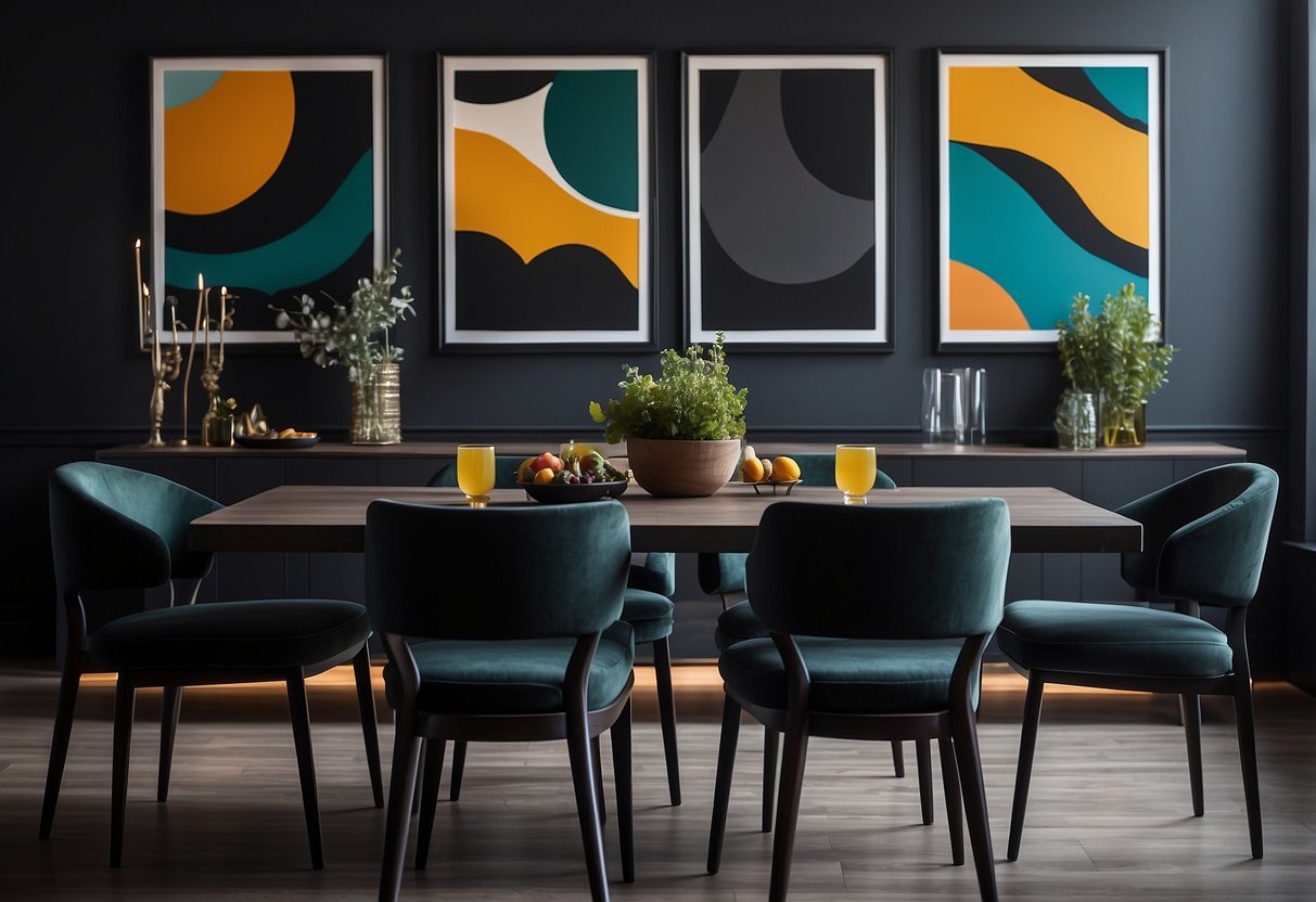 A sleek black dining room set with modern chairs and a minimalist table, accented with bold, colorful artwork on the walls