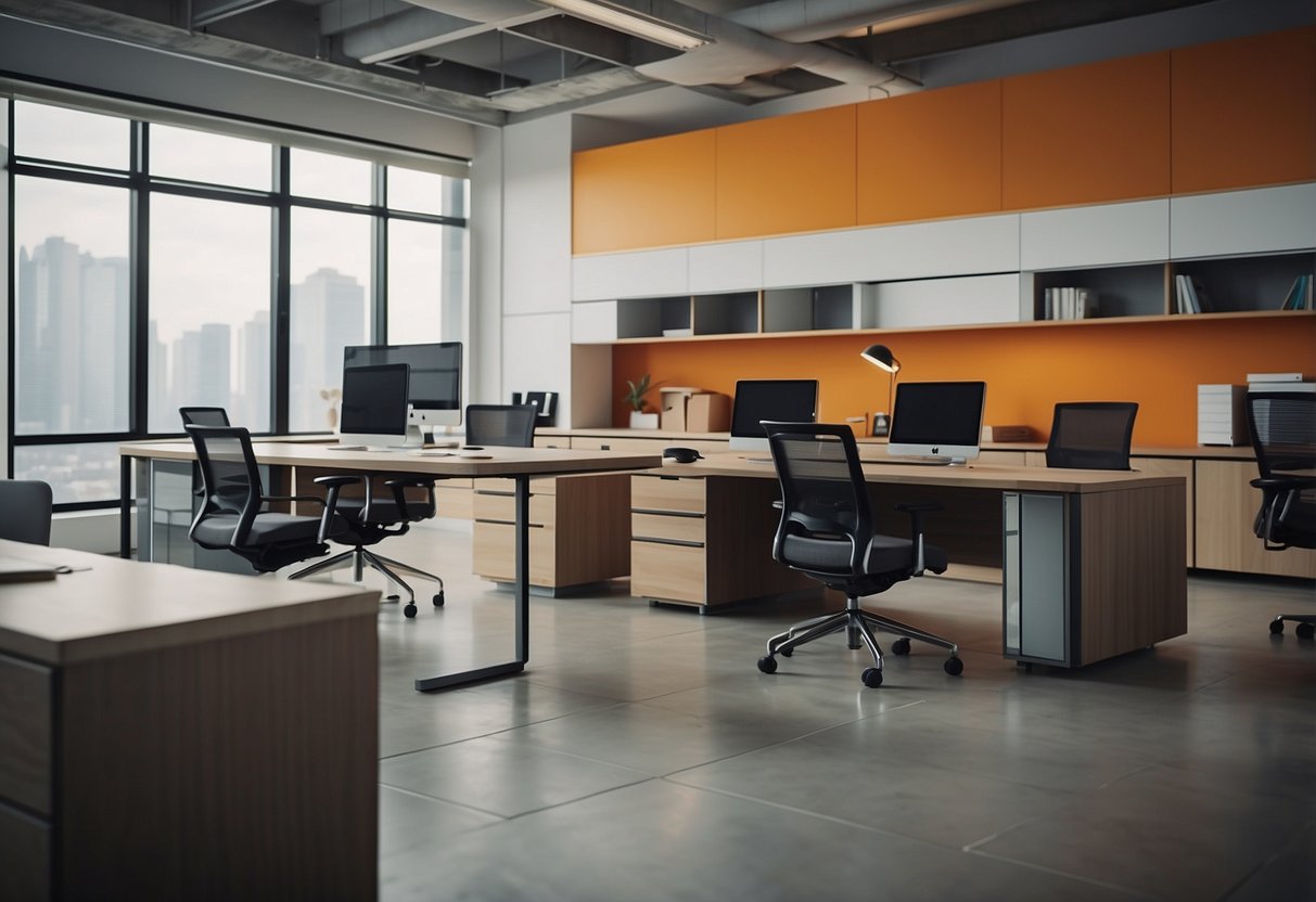 Office furniture being planned and customized in a modern, open-concept workspace. Desks, chairs, and storage units are arranged and adjusted to fit the layout