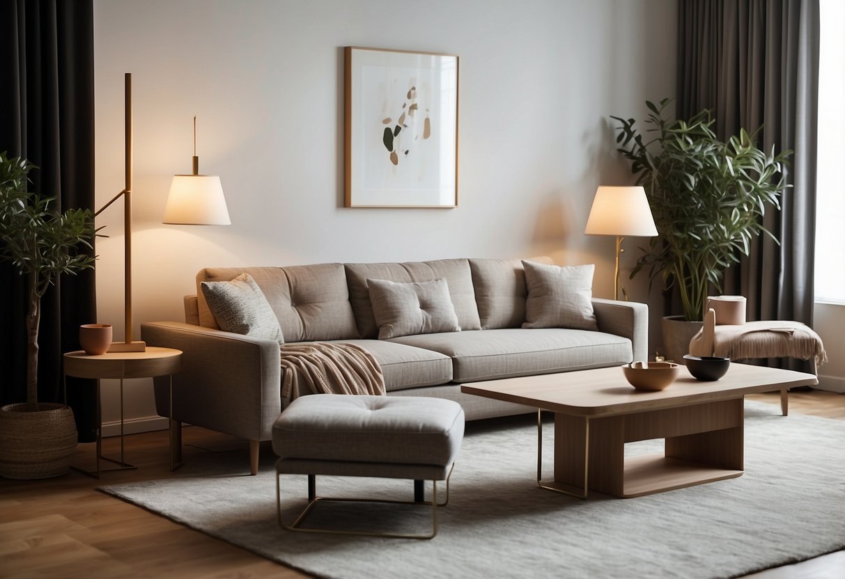 A modern living room with sleek NBS furniture, featuring a minimalist sofa, coffee table, and floor lamp in a neutral color palette