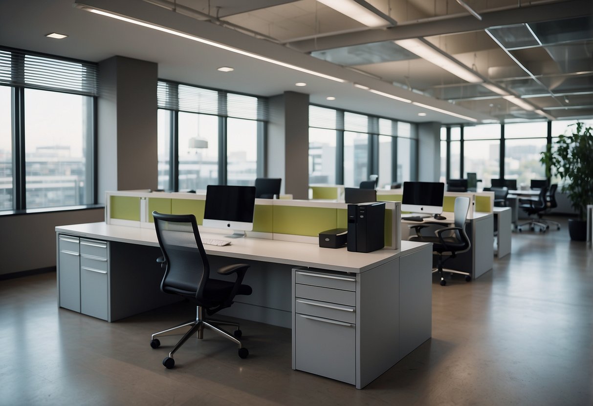 A modern office space with sleek, ergonomic furniture arranged in an open layout. Desks, chairs, and filing cabinets are neatly organized, with a minimalist design aesthetic