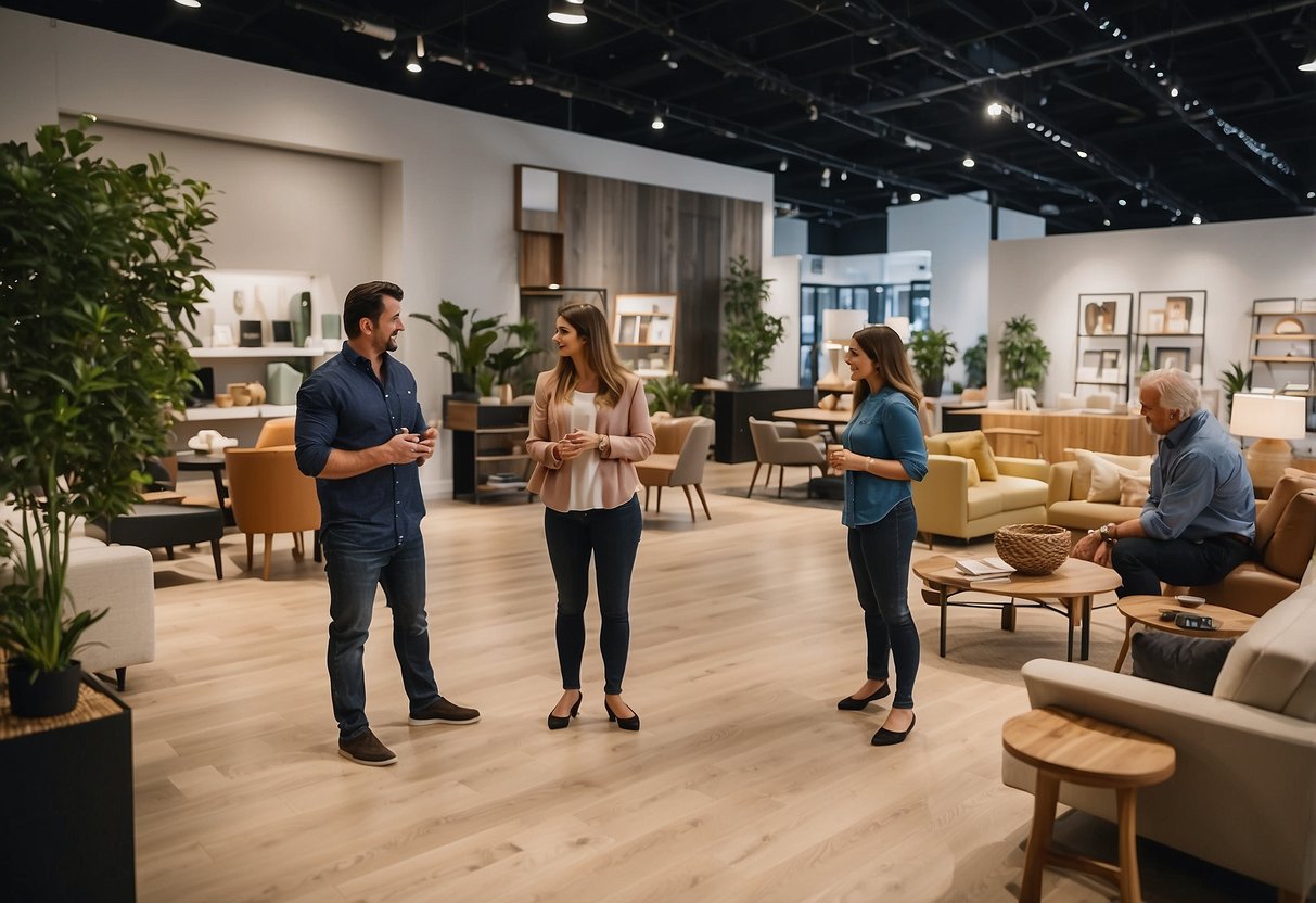 Customers browsing NBS Furniture's showroom, admiring various pieces, discussing options with sales staff