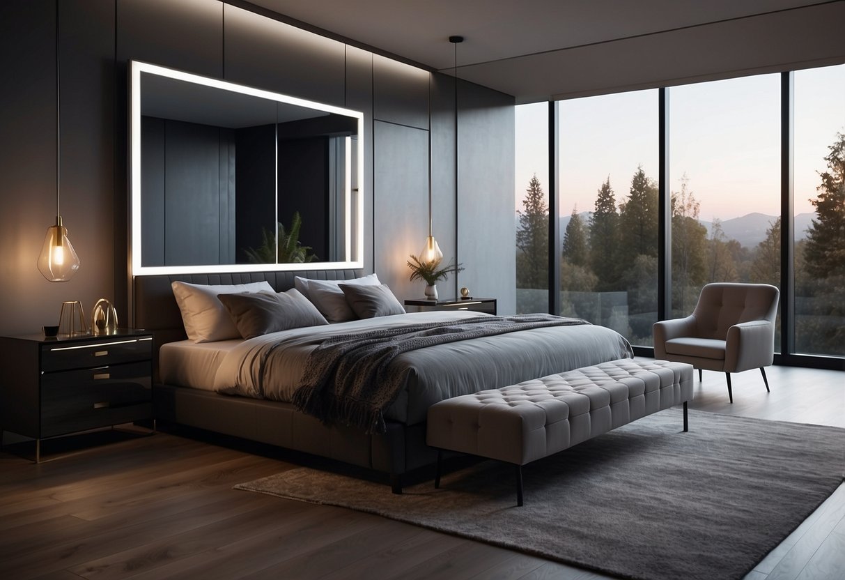 A sleek, modern bedroom with mirrored furniture reflecting soft, ambient lighting