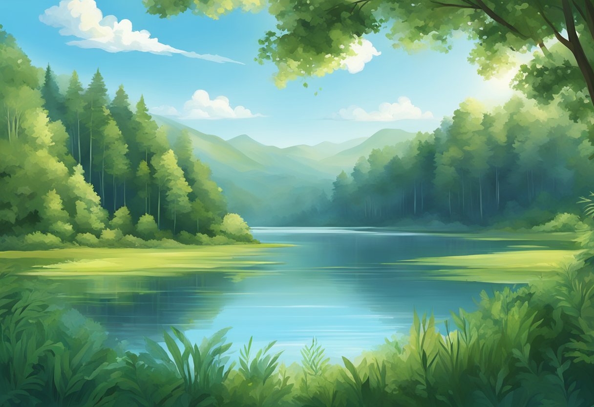 A serene lake surrounded by lush greenery under a clear blue sky