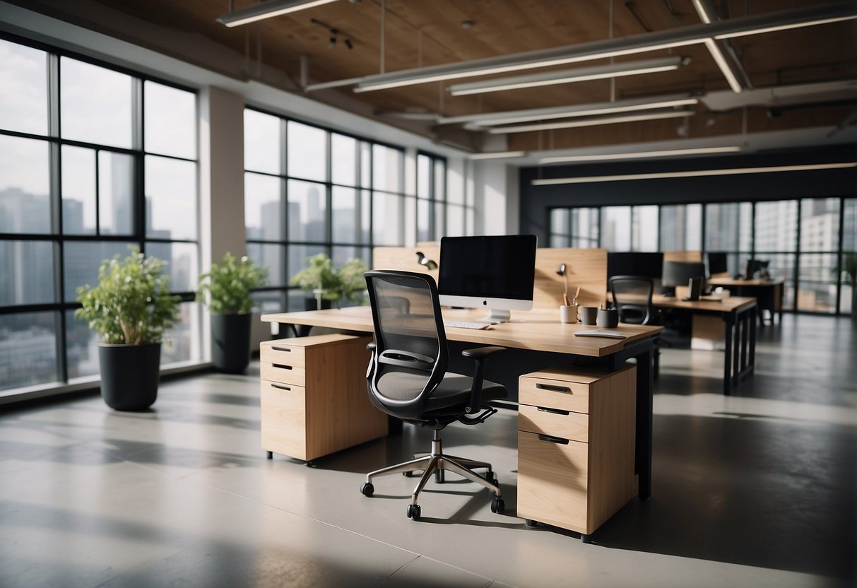A modern office space with ergonomic furniture layout and natural lighting for wellbeing. Efficient use of space with adjustable desks and storage solutions