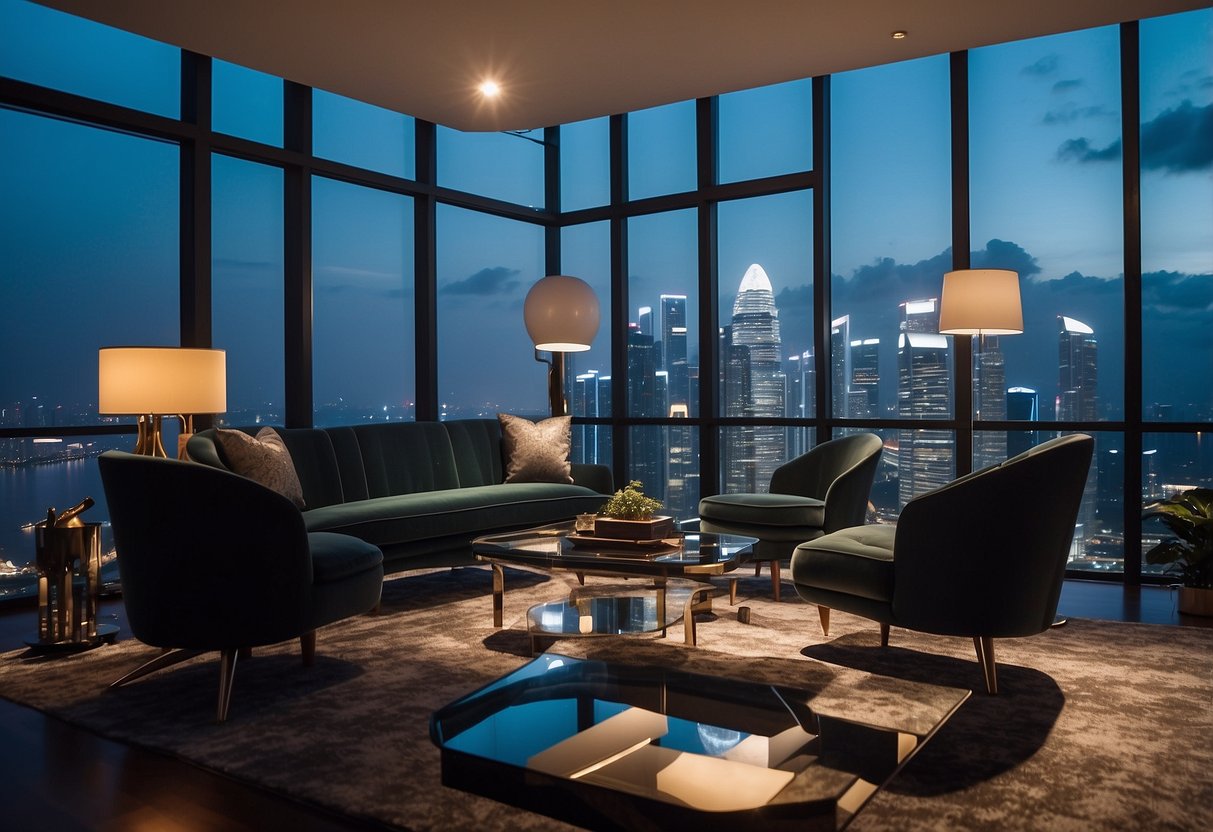 A room filled with sleek mirrored furniture, reflecting the vibrant cityscape of Singapore