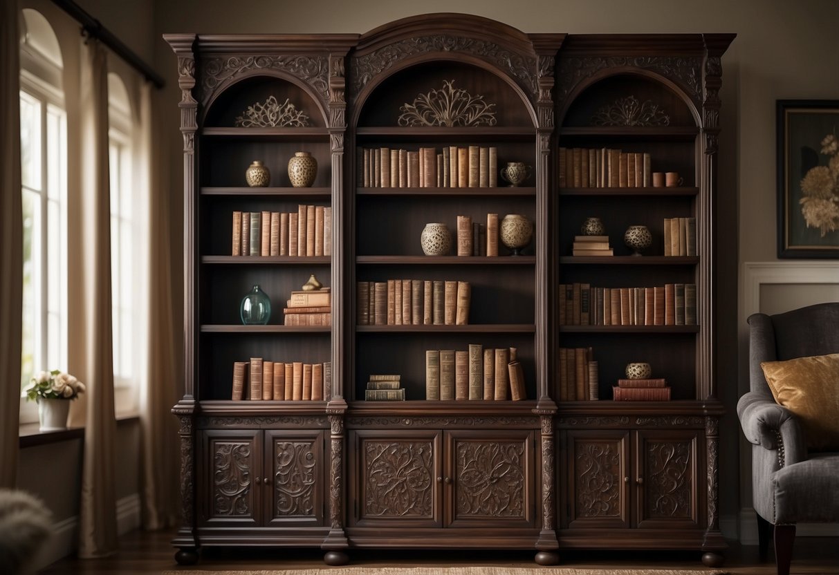 A bookcase stands against a wall in a cozy bedroom, filled with books and decorative items. The furniture is made of dark wood, with intricate carvings and elegant details