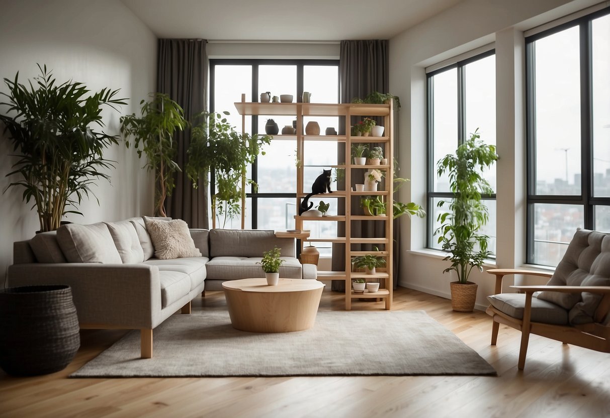 A sleek, minimalist living room with a modern cat tree and shelves from IKEA. Cats lounge and play on the furniture, with a large window letting in natural light
