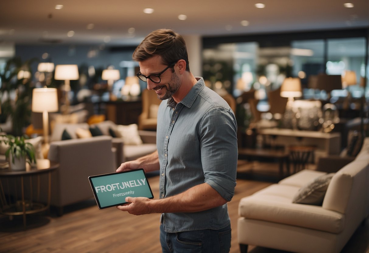 A customer browsing through a variety of furniture pieces with a "Frequently Asked Questions" sign displayed prominently in the background