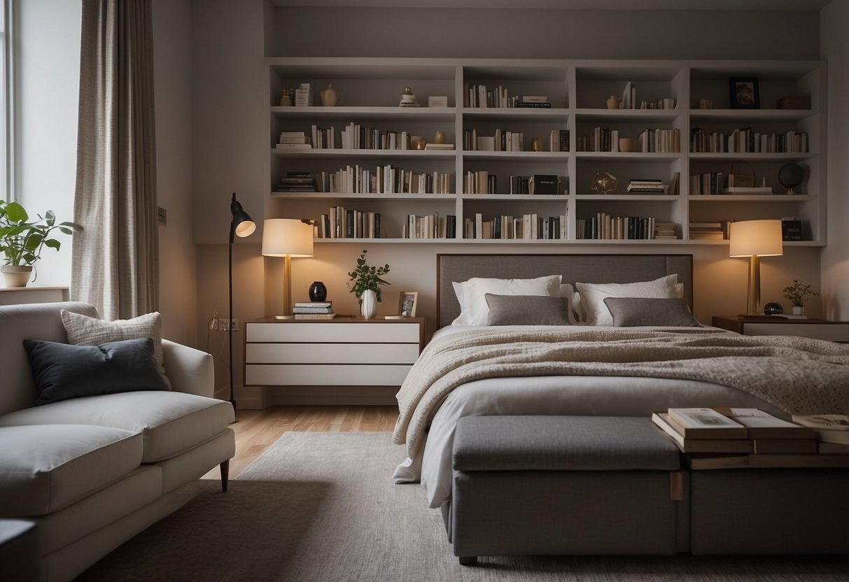 A cozy bedroom with a stylish bookcase against the wall, holding a collection of books and decorative items. The bookcase complements the bedroom furniture and adds a touch of elegance to the room