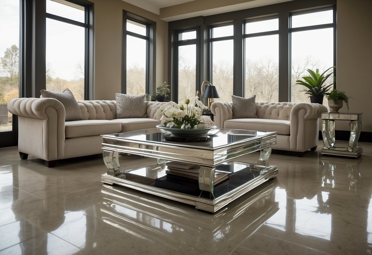 A living room with a mirrored coffee table, side tables, and a mirrored console against a neutral backdrop. Reflective surfaces catch the light, creating an elegant and spacious atmosphere