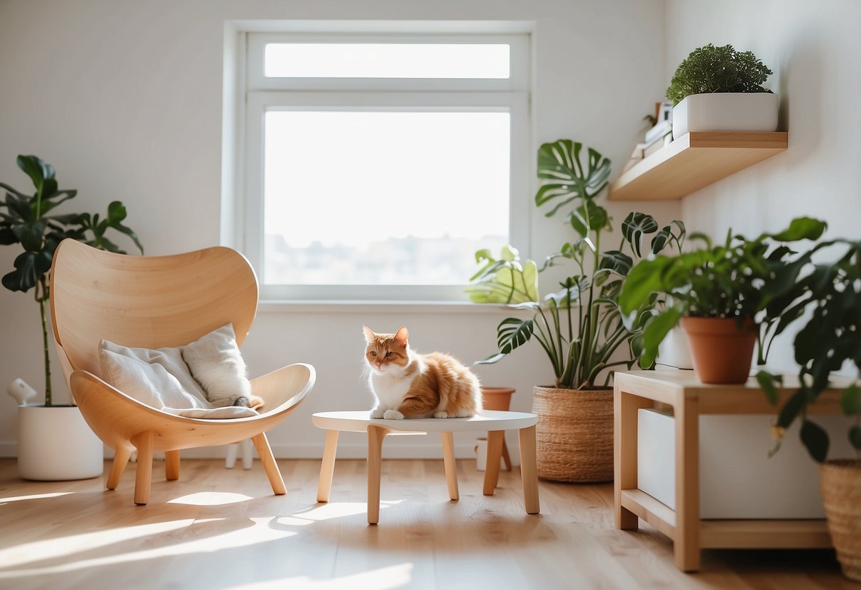 Cats lounging on sleek, minimalist cat trees and shelves in a bright, airy room with modern furniture from IKEA