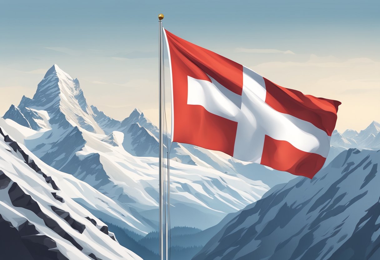 A red and white Swiss flag flying in the wind against a backdrop of snow-capped mountains