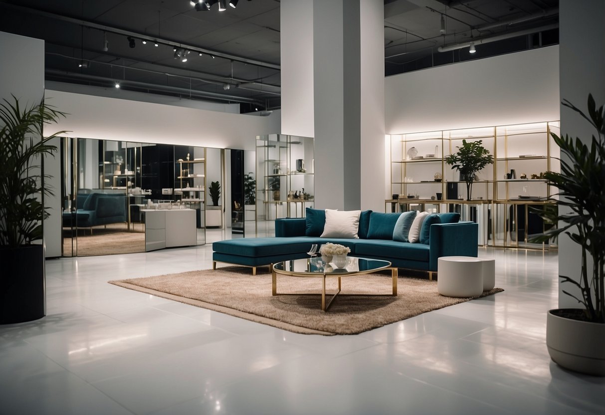 A showroom with sleek mirrored furniture, customers browsing, and a salesperson assisting