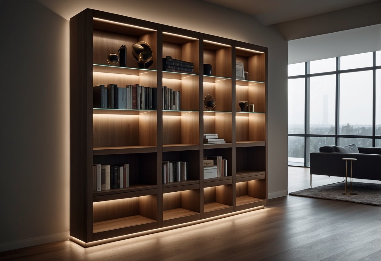 A sleek, modern bookcase stands against the wall, with built-in lighting and adjustable shelves. The wood finish adds warmth to the room, while the clean lines and minimalistic design give it a contemporary feel
