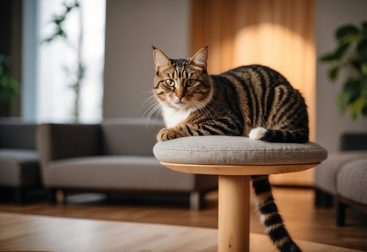 Cat lounges on sleek, multi-level modern furniture. DIY cat toys and scratching posts are integrated seamlessly into the design