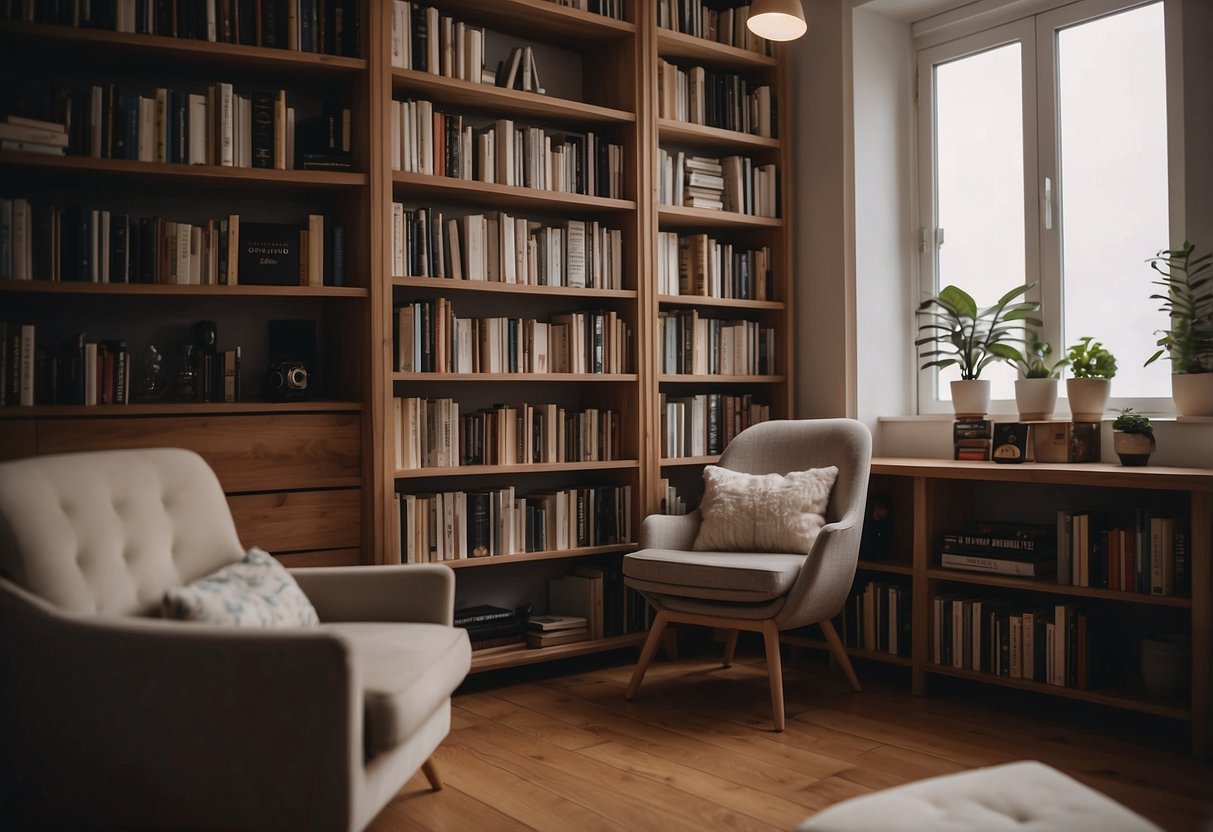 A bookcase filled with Frequently Asked Questions books sits in a cozy bedroom, surrounded by other pieces of furniture