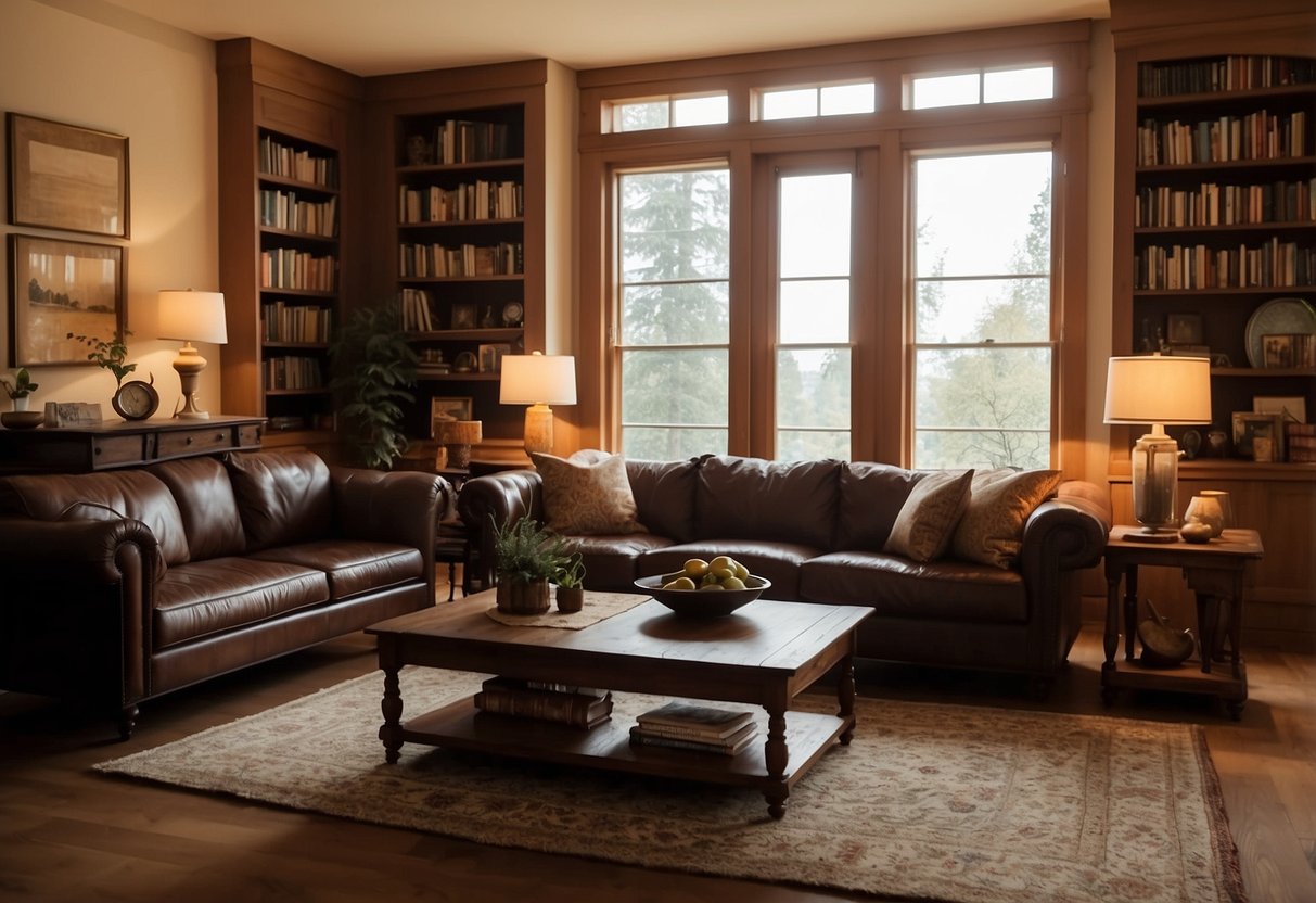A brown furniture living room with a cozy sofa, coffee table, and bookshelves against the walls. Warm lighting and a rug complete the inviting space