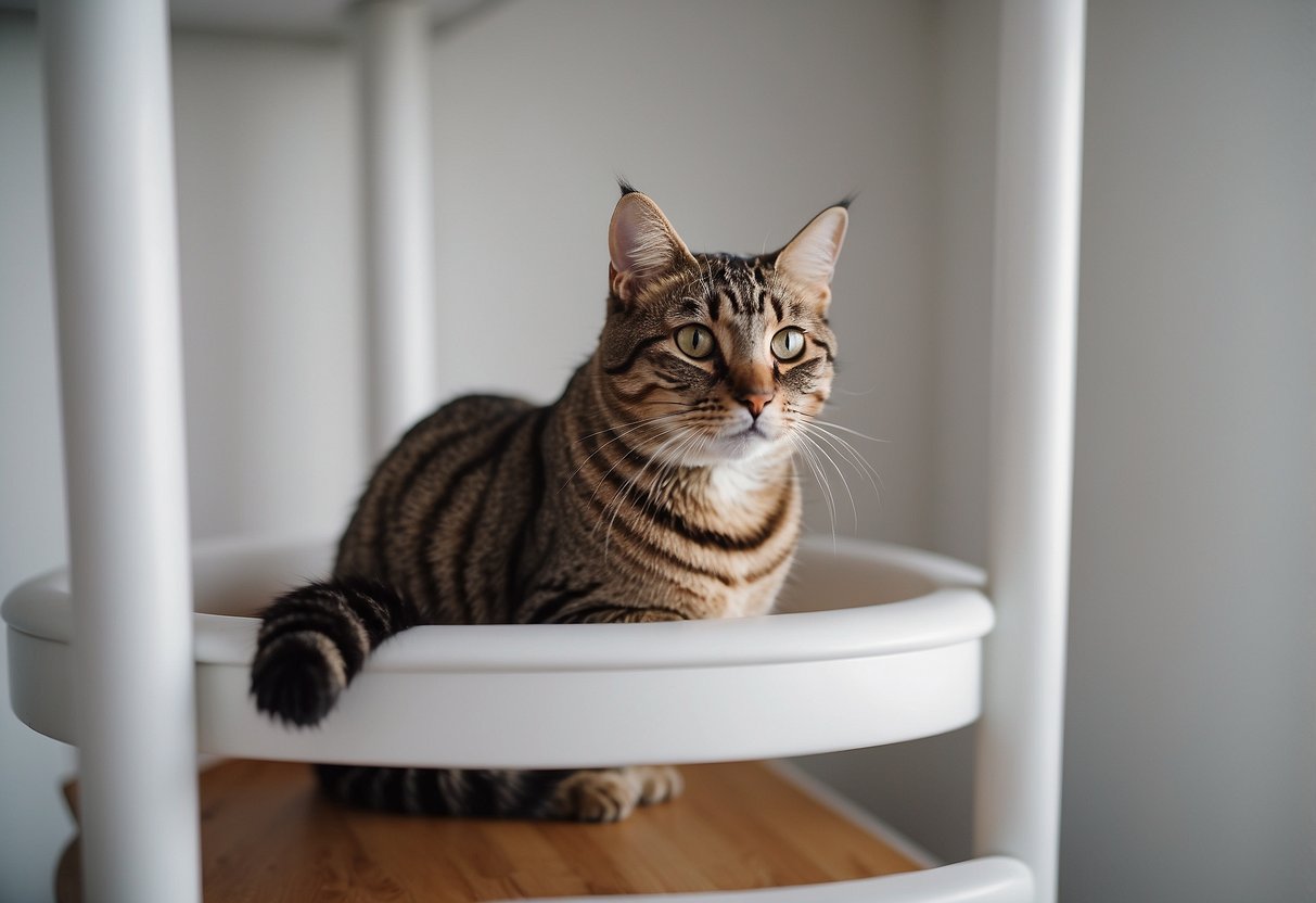 A sleek, minimalist cat tower stands against a white backdrop, with multiple levels for climbing and lounging. A curious cat peeks out from one of the cozy hideaways