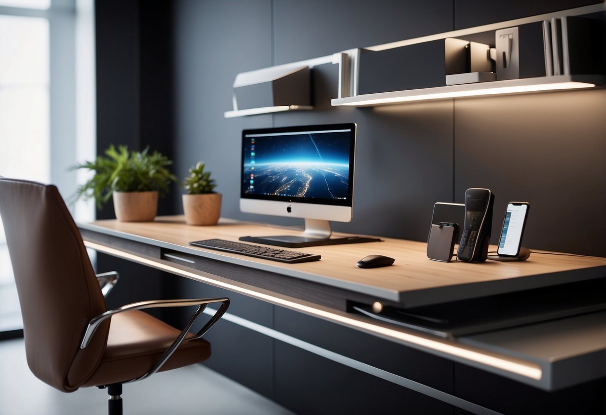 A sleek desk with integrated charging stations, ergonomic chair, and floating shelves displaying high-tech gadgets