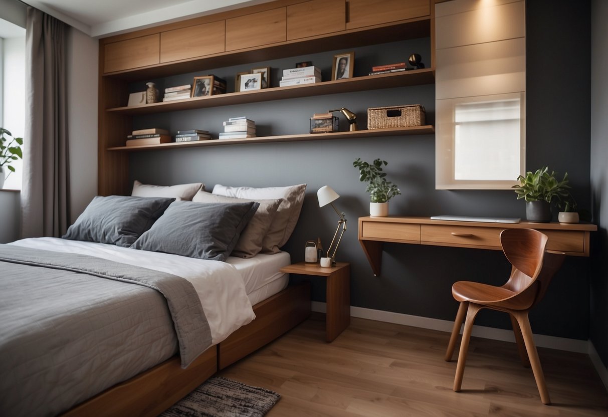 A bed with built-in storage, a desk that folds out from the wall, and a chair that doubles as a step ladder