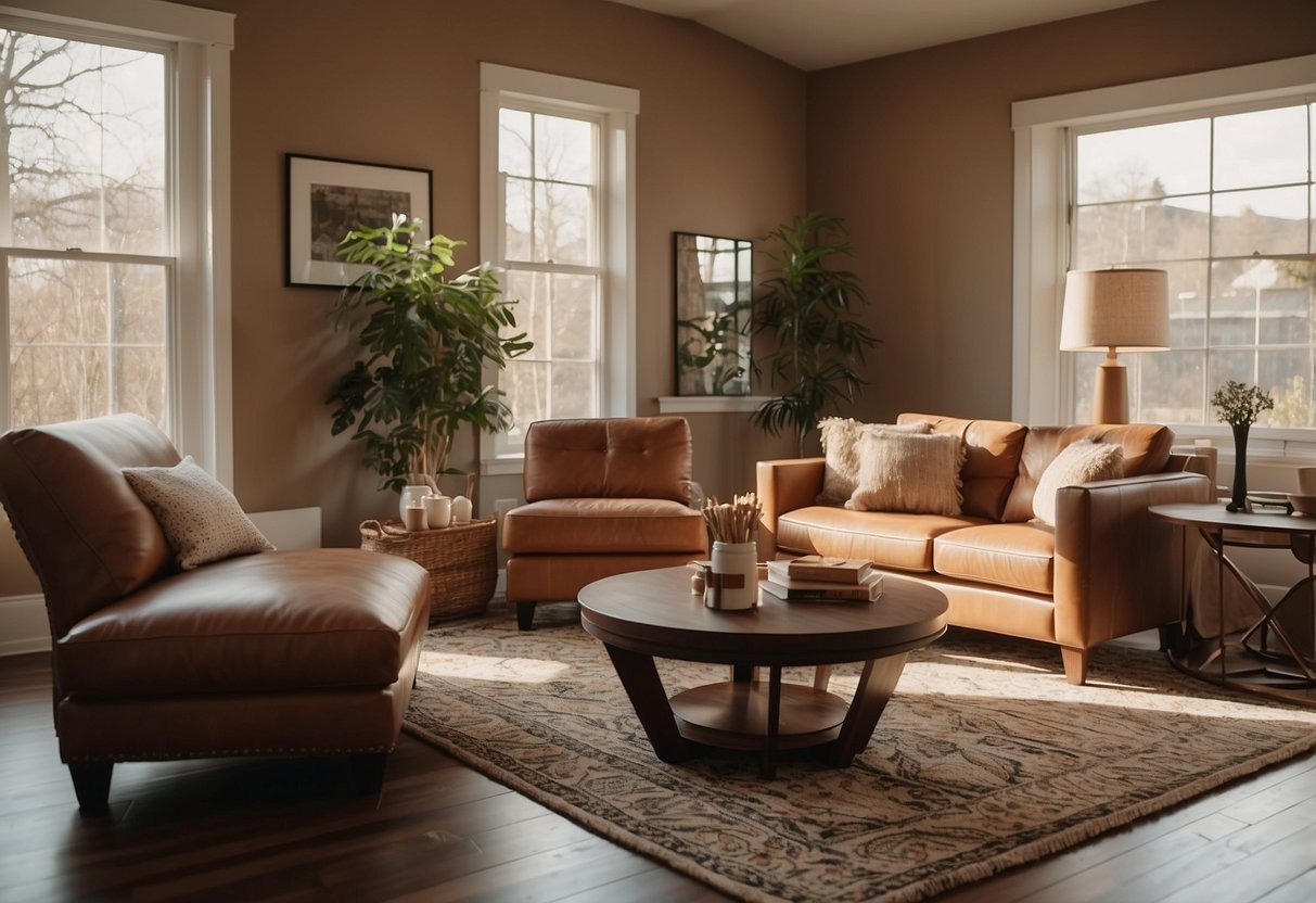 A cozy living room with brown furniture, warm lighting, and a plush rug. A large window lets in natural light, and a coffee table sits in the center of the room