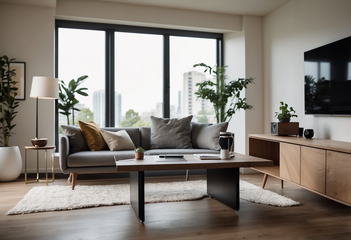 A sleek, minimalist living room with cutting-edge tech furniture: a smart coffee table, adjustable standing desk, and integrated charging stations