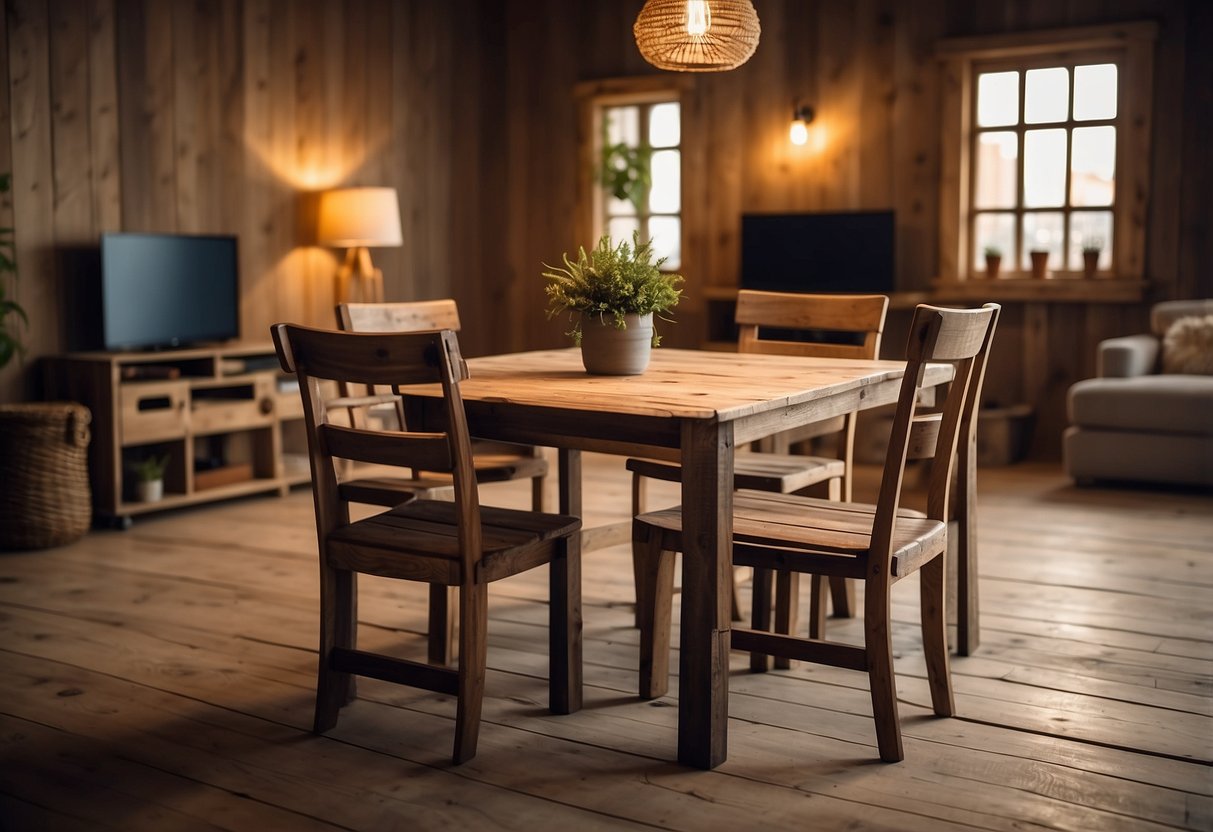 A rustic table and chair set made from weathered pallet wood, set against a backdrop of a cozy living room with warm lighting