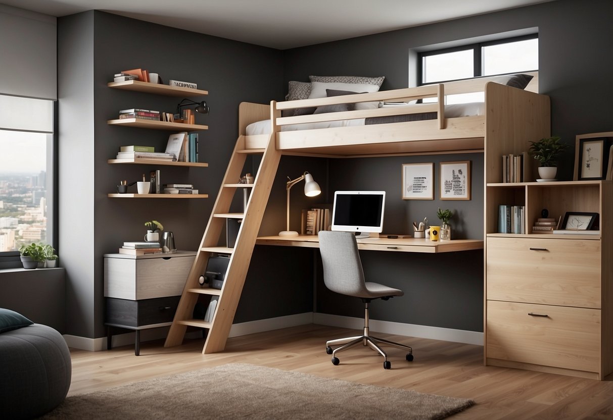 A small bedroom with a loft bed, built-in storage, and a fold-out desk. Multi-functional furniture maximizes space and functionality