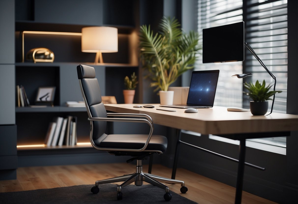 A sleek, modern desk with built-in charging ports and adjustable height. Surrounding it, a minimalist chair and smart storage solutions