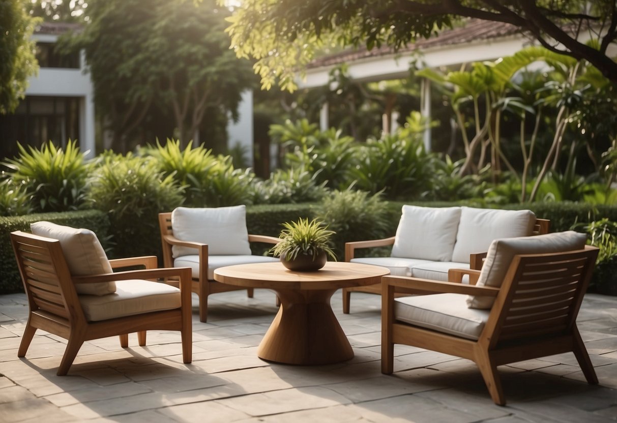 A luxurious outdoor setting with teak furniture in a lush garden, complete with a dining table, chairs, and a beautiful lounge area