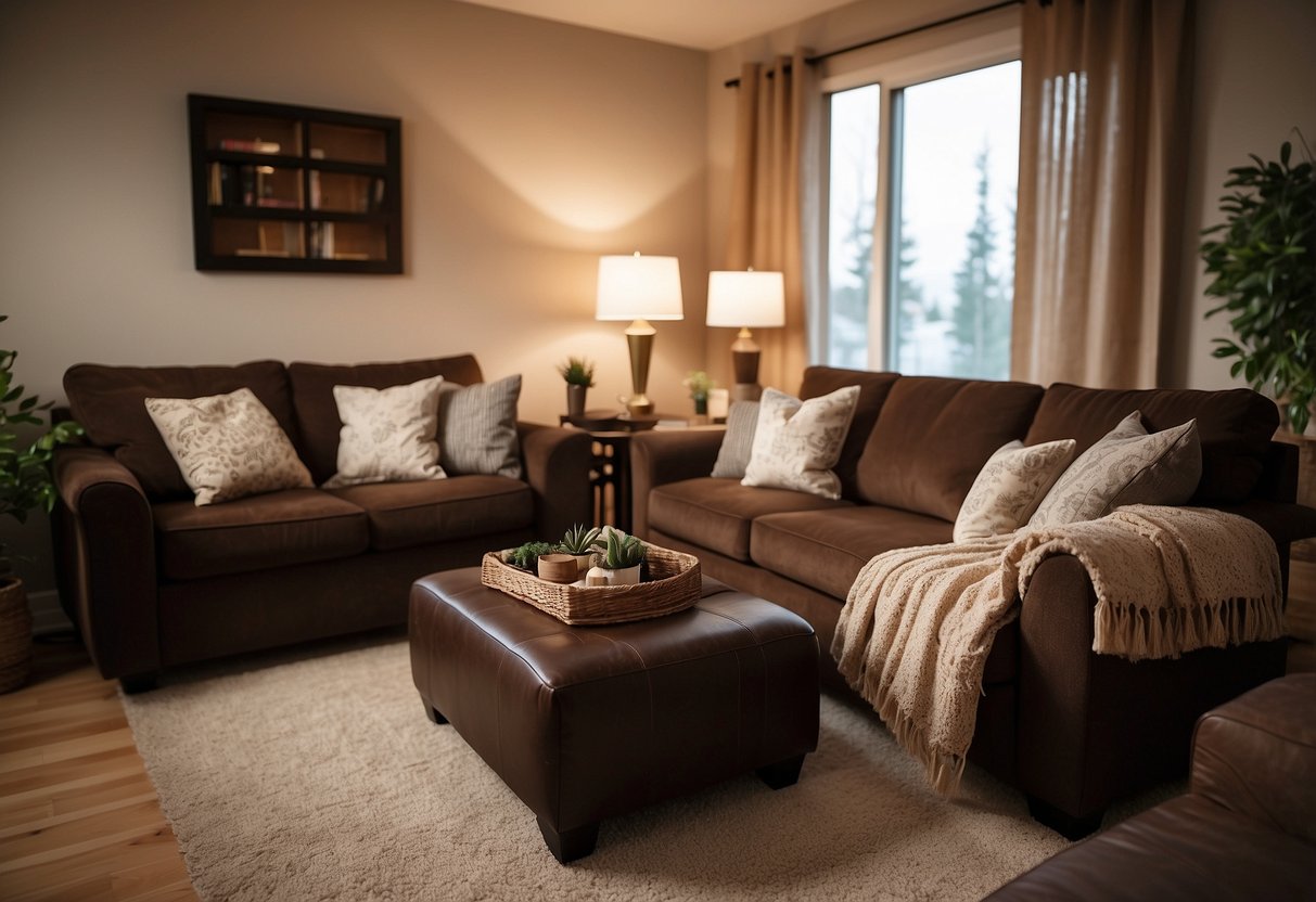 A cozy living room with brown furniture, adorned with decorative pillows and throws. Soft, warm lighting enhances the inviting atmosphere