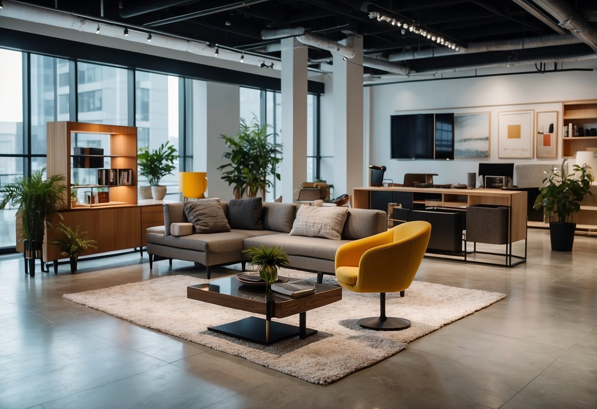 A modern, sleek tech furniture showroom with various pieces displayed, including desks, chairs, and storage units. The space is well-lit and inviting, with a minimalist design aesthetic