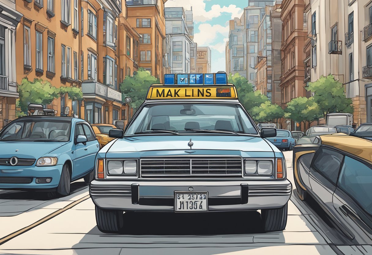 A car with the license plate "MK" parked in a city street, surrounded by other vehicles and buildings. The plate is prominently displayed on the back of the car