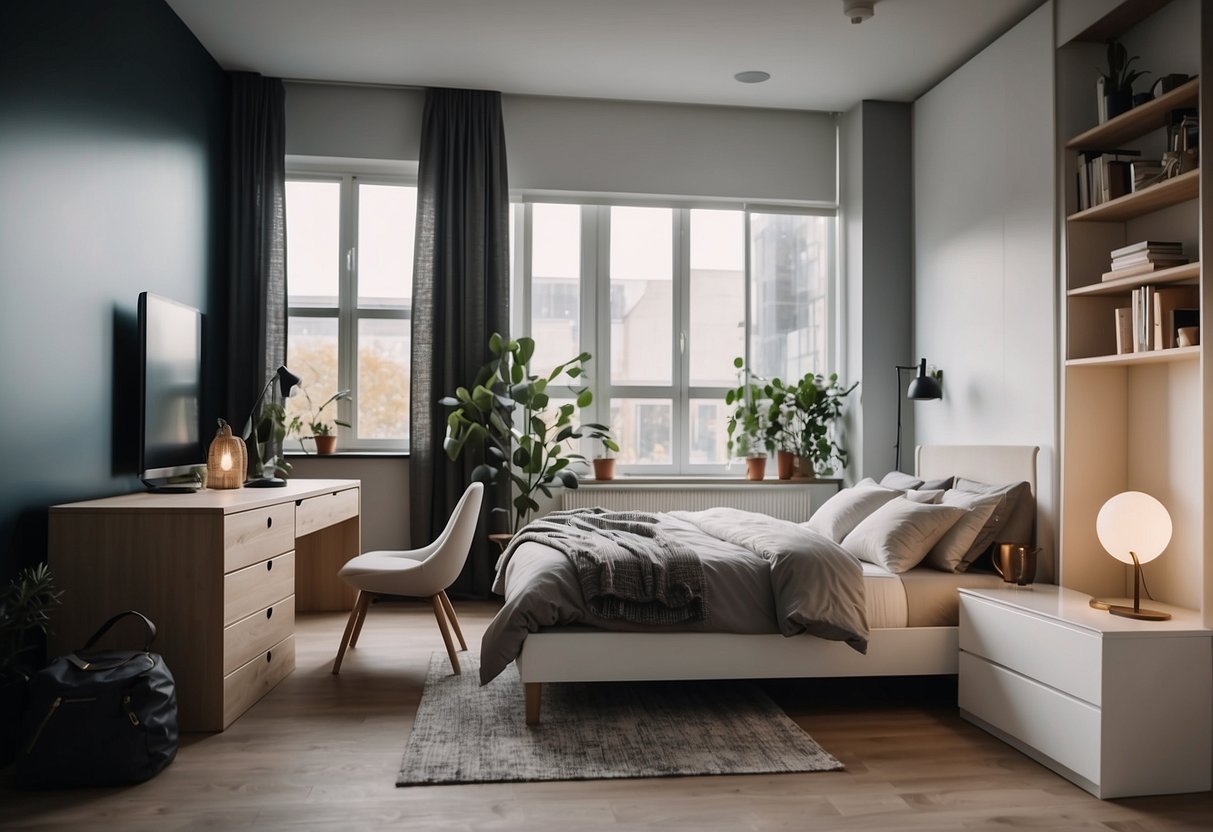 A well-lit bedroom with sleek, modern IKEA furniture including a comfortable bed, stylish dressers, and a cozy reading nook with a minimalist desk and chair