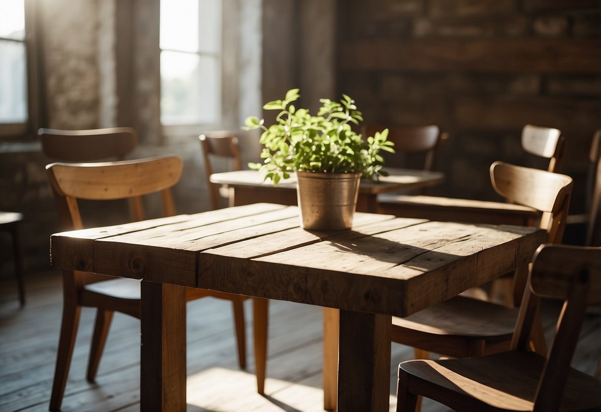 A rustic pallet wood table sits in a sunlit room, surrounded by mismatched chairs. The rough texture of the wood and the natural imperfections add character to the furniture