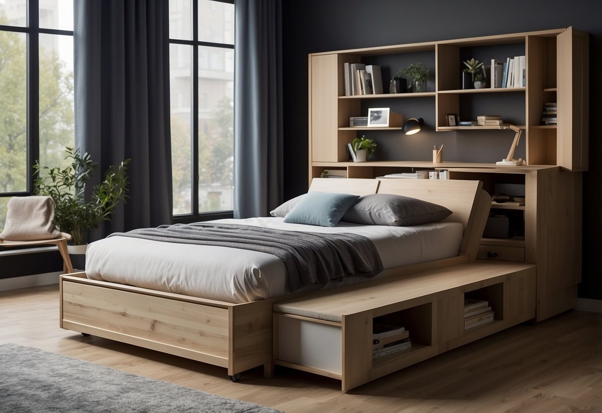A bed that transforms into a desk, with built-in storage and adjustable features. A chair that doubles as a step ladder