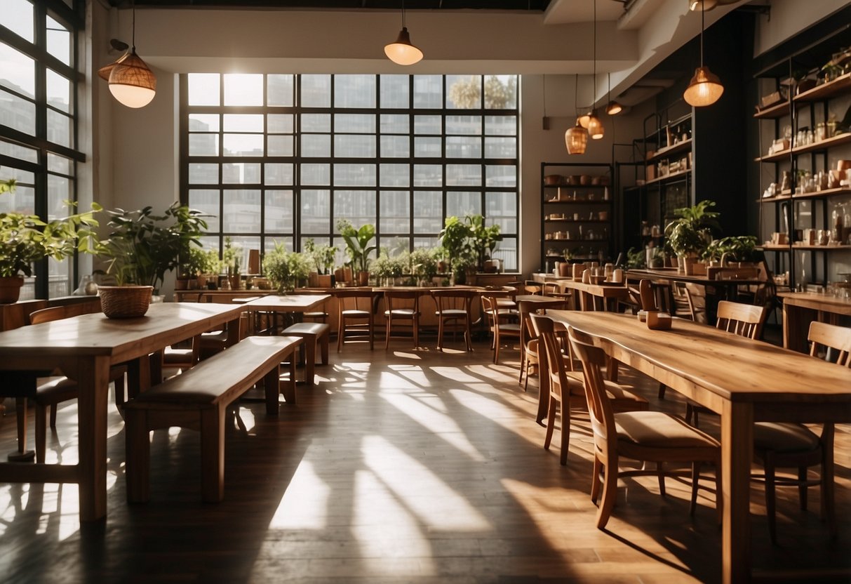 A cozy furniture shop in Bishan, filled with wooden tables, chairs, and shelves. Soft sunlight filters through the large windows, casting warm shadows on the polished floors