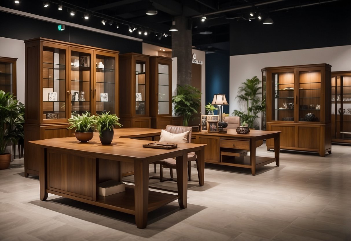 A showroom displays teak furniture in Singapore, with elegant designs and rich wood tones