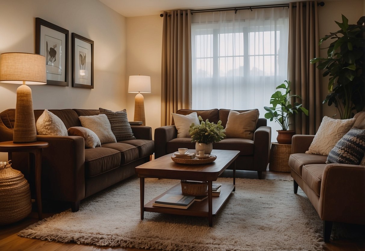 A cozy living room with brown furniture, including a sofa, coffee table, and armchair. A rug and curtains add warmth, while shelves display books and decor