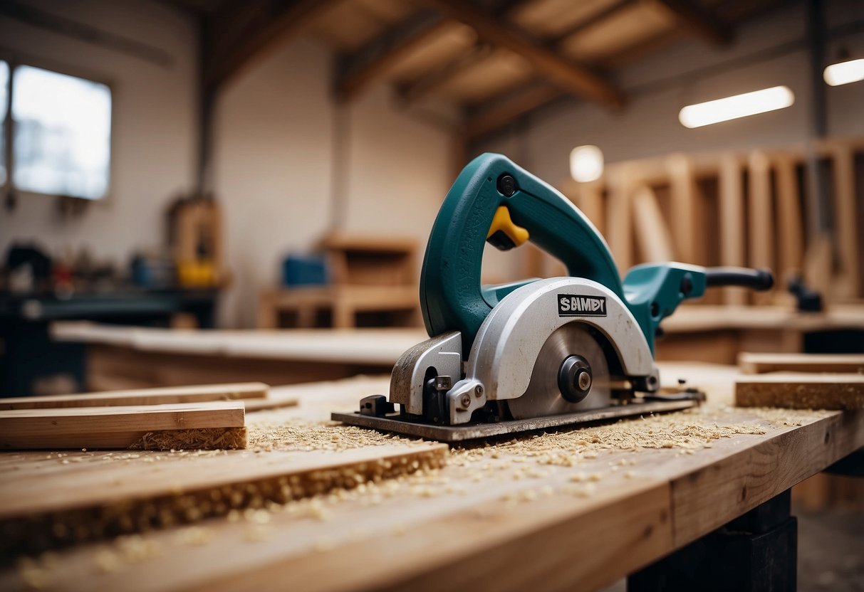 A workshop with tools and pallet wood. Sawing, sanding, and assembling furniture pieces. Sawdust and wood shavings on the floor