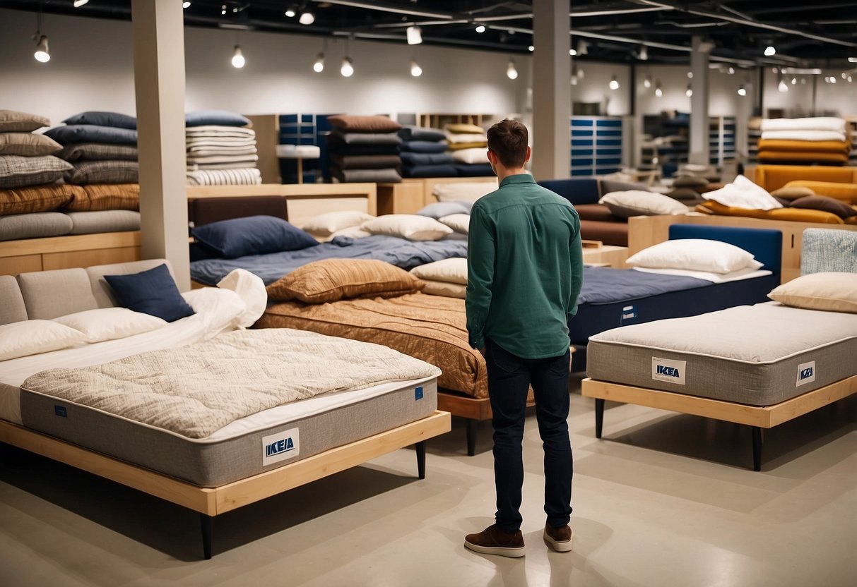 A person browsing through various Ikea bed options, comparing sizes and styles before making a decision