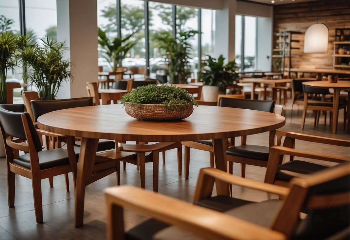 A spacious showroom filled with teak furniture, from elegant dining tables to cozy outdoor loungers, with a warm, inviting ambiance