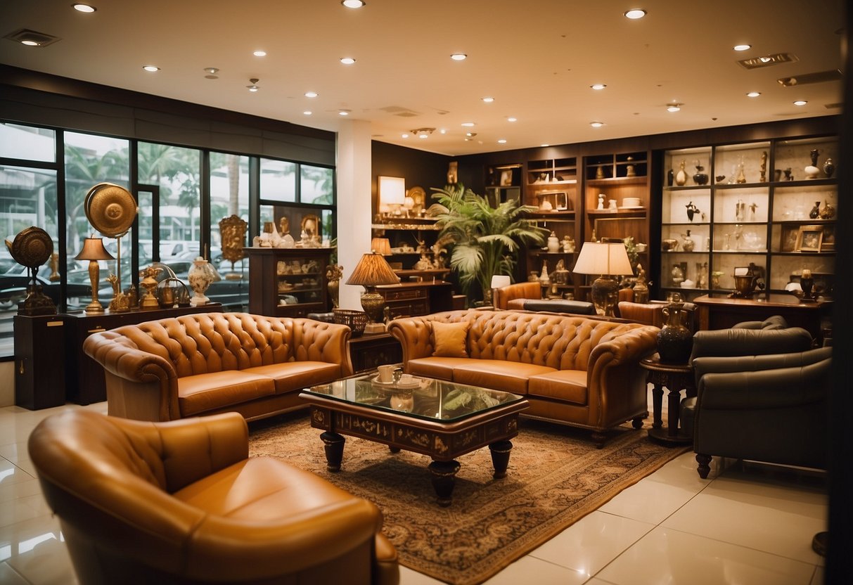 The bustling Bishan furniture shop showcases a variety of unique pieces, from vintage antiques to modern designs, set against a backdrop of warm, earthy tones and natural textures