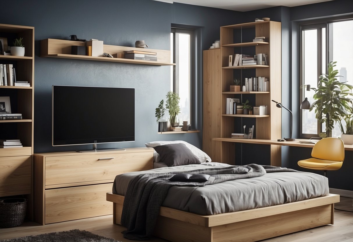 A bedroom with a convertible bed-desk, storage ottoman, and adjustable shelving. Bright and modern with clean lines and versatile functionality
