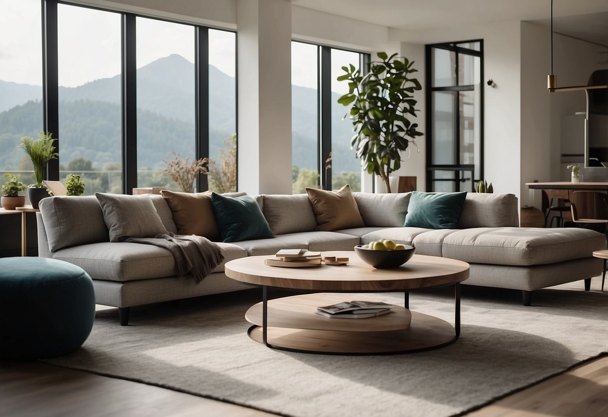 A modern living room with sleek Blafink furniture, featuring a minimalist sofa, coffee table, and floor lamp. The room is bathed in natural light from large windows, creating a warm and inviting atmosphere