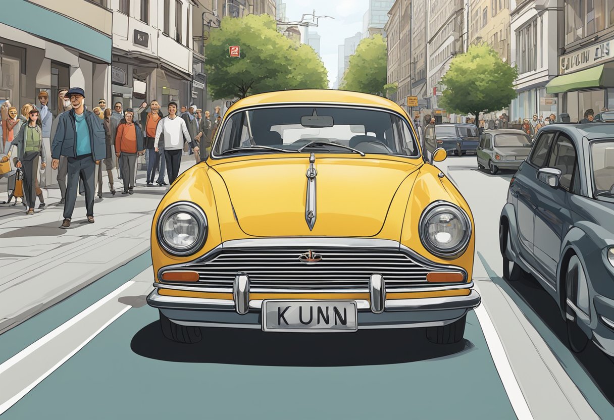 A car with the license plate "KÜN" parked in a busy city street, surrounded by other vehicles and pedestrians. The plate is prominently displayed on the front of the car